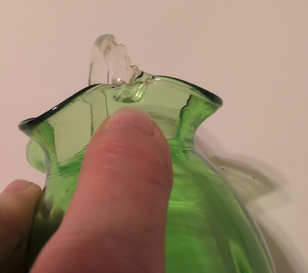 Green Pilgrim Glass Ruffled Rim Pitcher with Clear Handle - Picture 12 of 13
